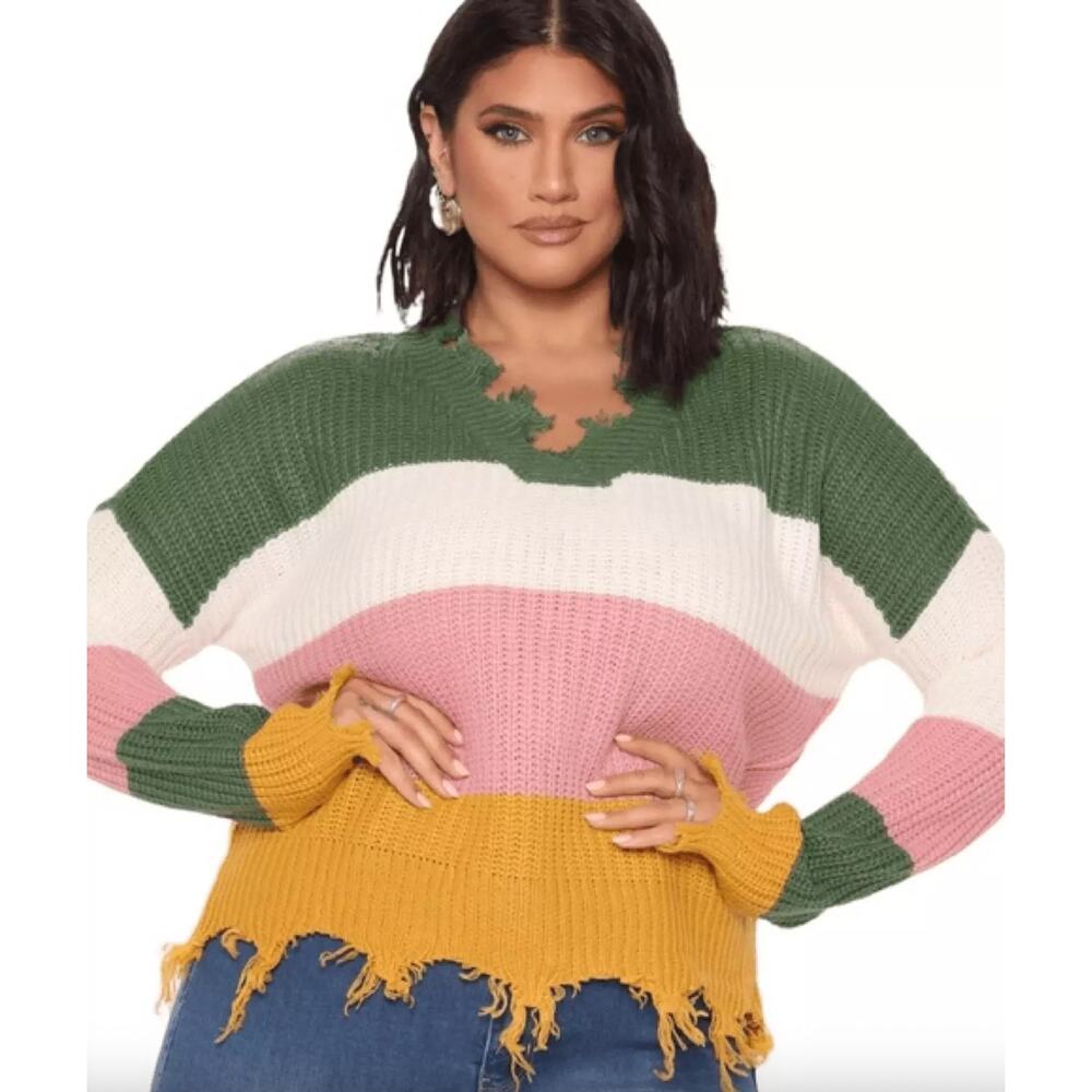Full Circle Trends V-Neck Striped Color Block Frayed Sweater Size 3X NEW Casual